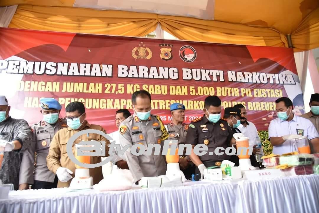 Polres Bireuen Bersama Forkopimda Musnahkan 27,5 Kg Sabu dan 5000 Butir Ekstasi
