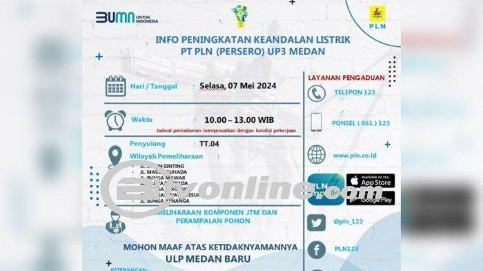 Pemadaman Listrik di Medan Hari Ini ,Mulai Pukul 10.00 WIB , Berikut Lokasi dan Jadwalnya!
