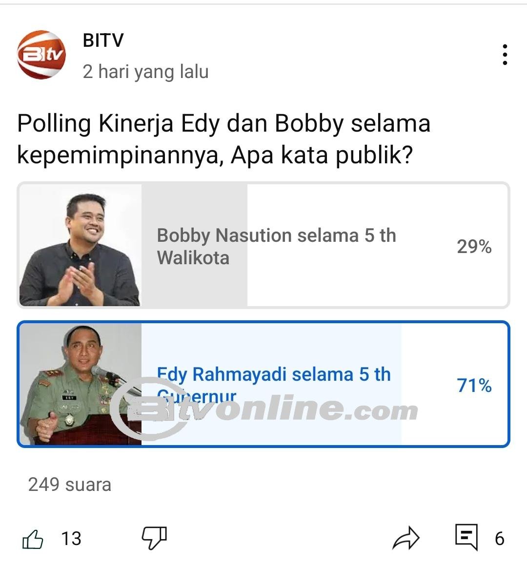 Polling BITV: Edy Rahmayadi Raih Dukungan 71%, Bobby Nasution 29%