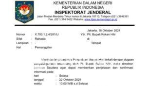 Inspektorat Jenderal Kemendagri Panggil Plt Bupati Rokan Hilir Terkait Dugaan Penyalahgunaan Wewenang