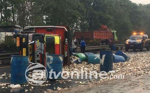 Pikap Pengangkut Ikan Terguling di Tol Surabaya-Mojokerto, Muatan Berceceran di Jalan