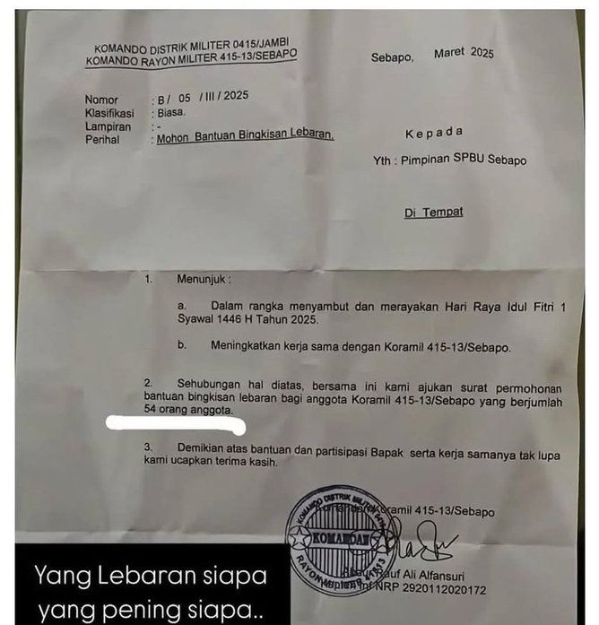 Viral! Surat Permohonan Bantuan Bingkisan Lebaran dari Koramil 415-13/Sebapo, TNI Pastikan Itu Palsu