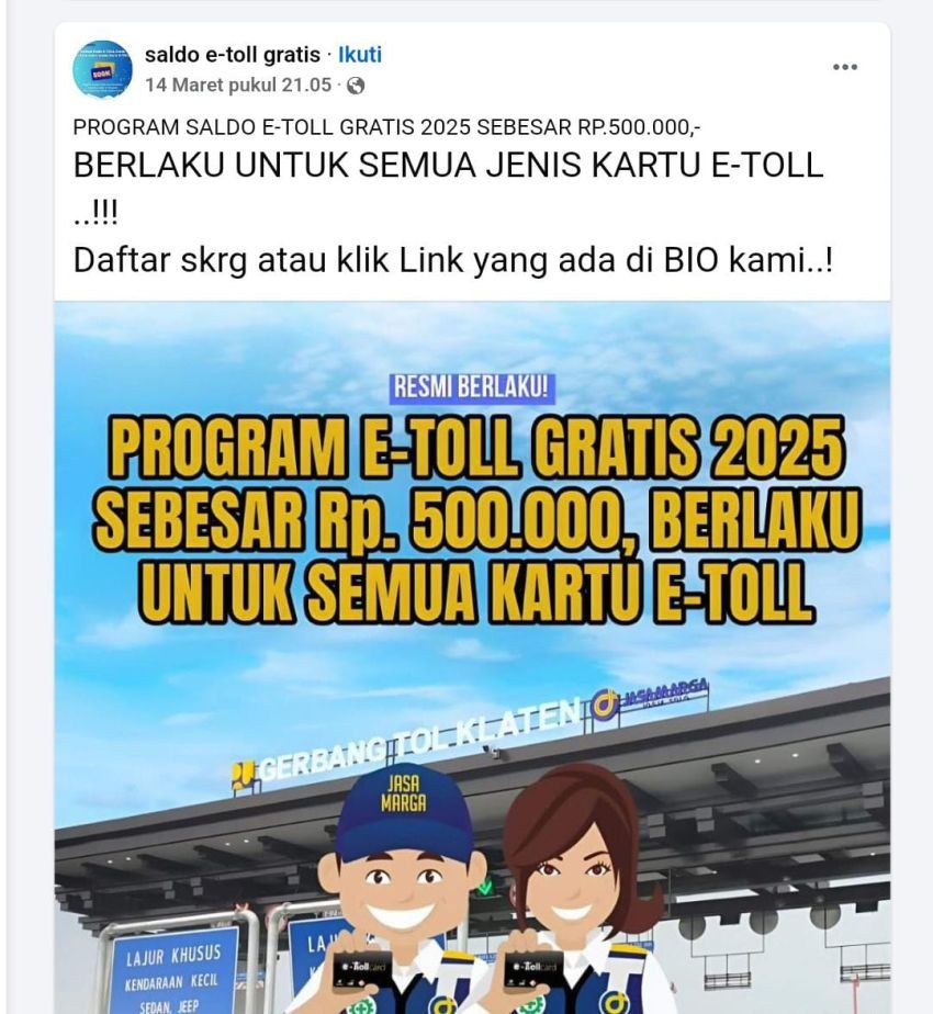 Waspada Phishing! Program E-Toll Gratis Rp 500.000 Hoaks, Jasa Marga Bantah