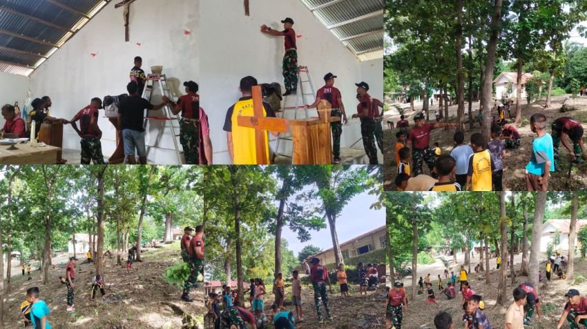 Menyonsong Hari Raya Paskah, Pos Asumanu Satgas Yonif 741/GN Bersama Masyarakat Gotong Royong Bersihkan Kapela di Perbatasan