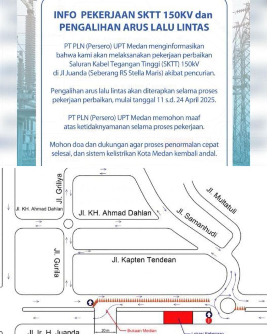Arus Lalu Lintas di Jalan Juanda Medan Dialihkan Mulai Jumat 11 April 2025, Imbas Perbaikan SKTT PLN akibat Pencurian