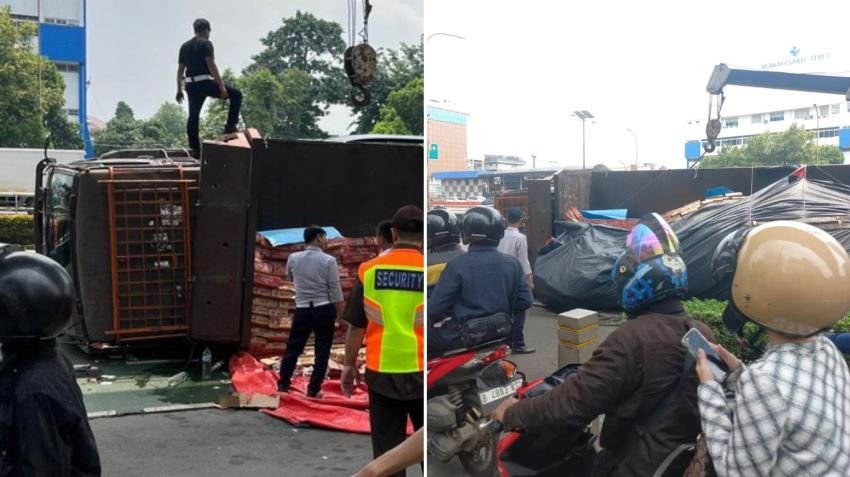 Truk Air Kemasan Terguling di Jalan MT Haryono, Jakarta Selatan, Lalu Lintas Macet Parah