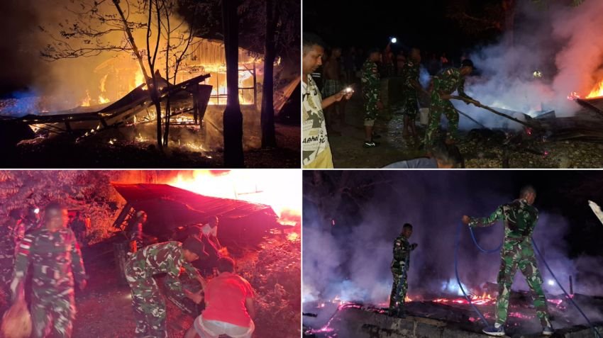 Kebakaran Rumah Warga, Satgas Yonif 741/GN Pos Turiskain Sigap Padamkan Api di Belu
