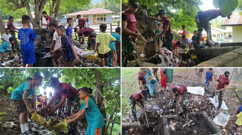 Pos Silawan Satgas Yonif 741/GN Laksanakan Bakti Sosial Bersihkan Lingkungan Sekolah di Daerah Binaan
