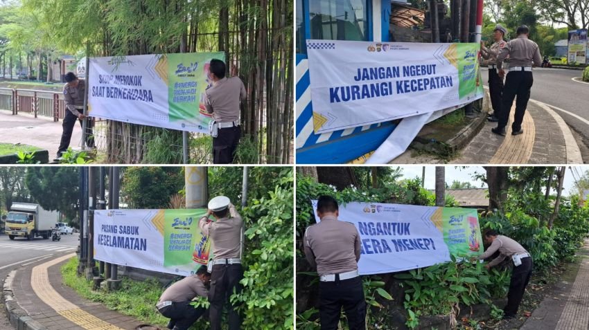 Tekan Kecelakaan, Satlantas Polres Jembrana Pasang Spanduk Himbauan di Titik Rawan Laka Lantas