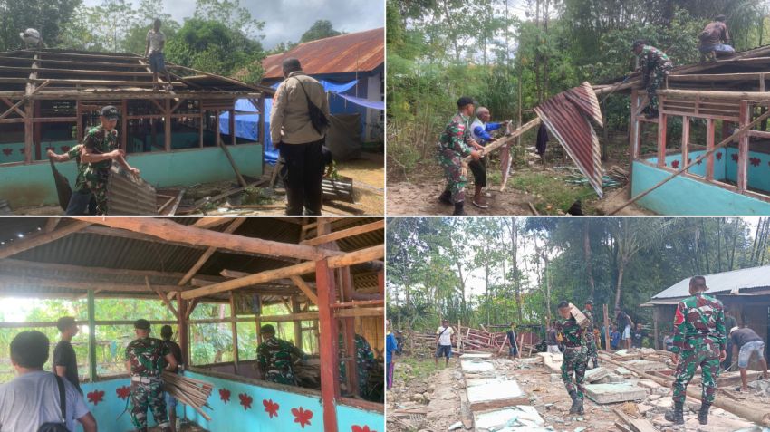 Satgas Yonif 741/GN Pos Dafala Gotong Royong Bersama Warga Bongkar Rumah Adat Suku Suriaton di Belu
