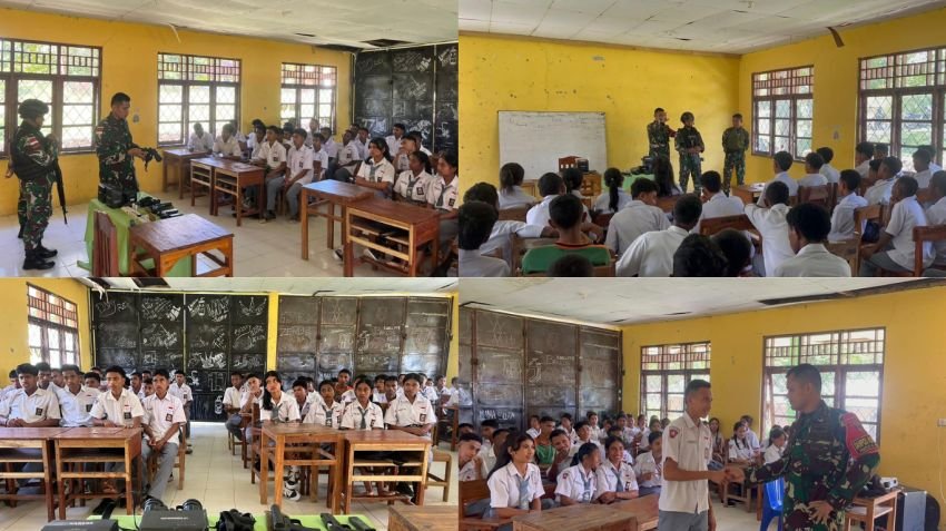 Satgas Yonif 741/GN Pos Nunura Beri Wawasan dan Motivasi Menjadi Prajurit TNI kepada Siswa SMK Negeri Raihat