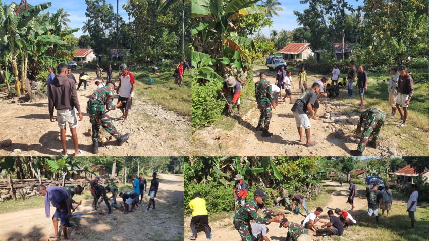Satgas Pamtas Pos Lookeu Gelar Karya Bakti Perbaikan Jalan di Dusun Batulu, Belu