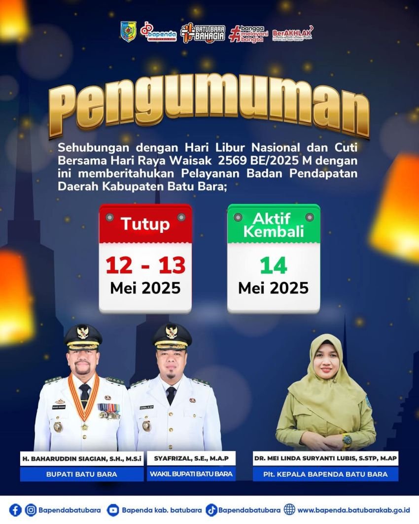 Pengumuman Bapenda Kabupaten Batu Bara: Libur Nasional dan Cuti Bersama Hari Raya Waisak 2569 BE/2025 M