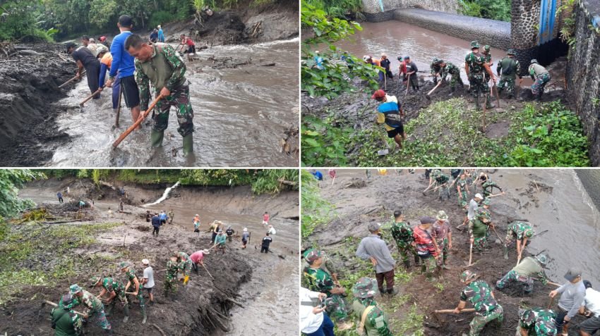 TNI dan Masyarakat Bersinergi Lakukan Karya Bakti Normalisasi Bendungan Manusarigilir di Jembrana