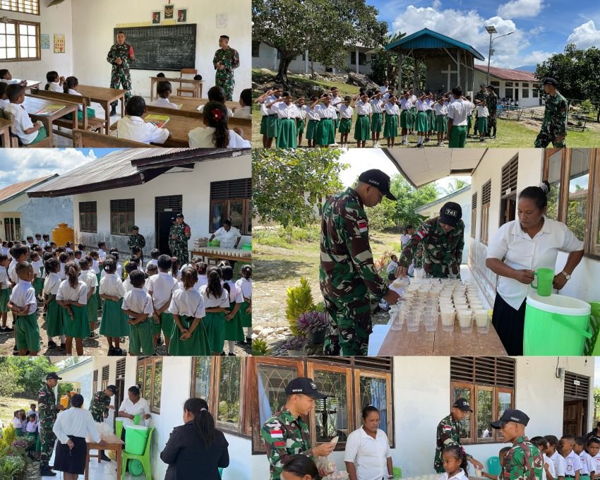 Pos Ailala Bagi Susu dan Roti di SDK 1 Kota Biru, Dukung Gizi Anak Sekolah di Perbatasan