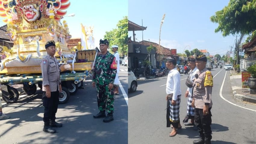 Sinergi Bhabinkamtibmas, Babinsa, dan Pecalang Amankan Upacara Ngaben di Banjar Ratna Bhuwana