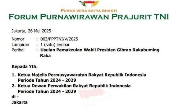 Forum Purnawirawan TNI Resmi Ajukan Pemakzulan Gibran ke MPR dan DPR RI