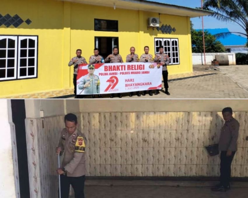 Polsek Mestong Gelar Bakti Religi Bersihkan Masjid Alhidayah Sambut Hari Bhayangkara ke-79