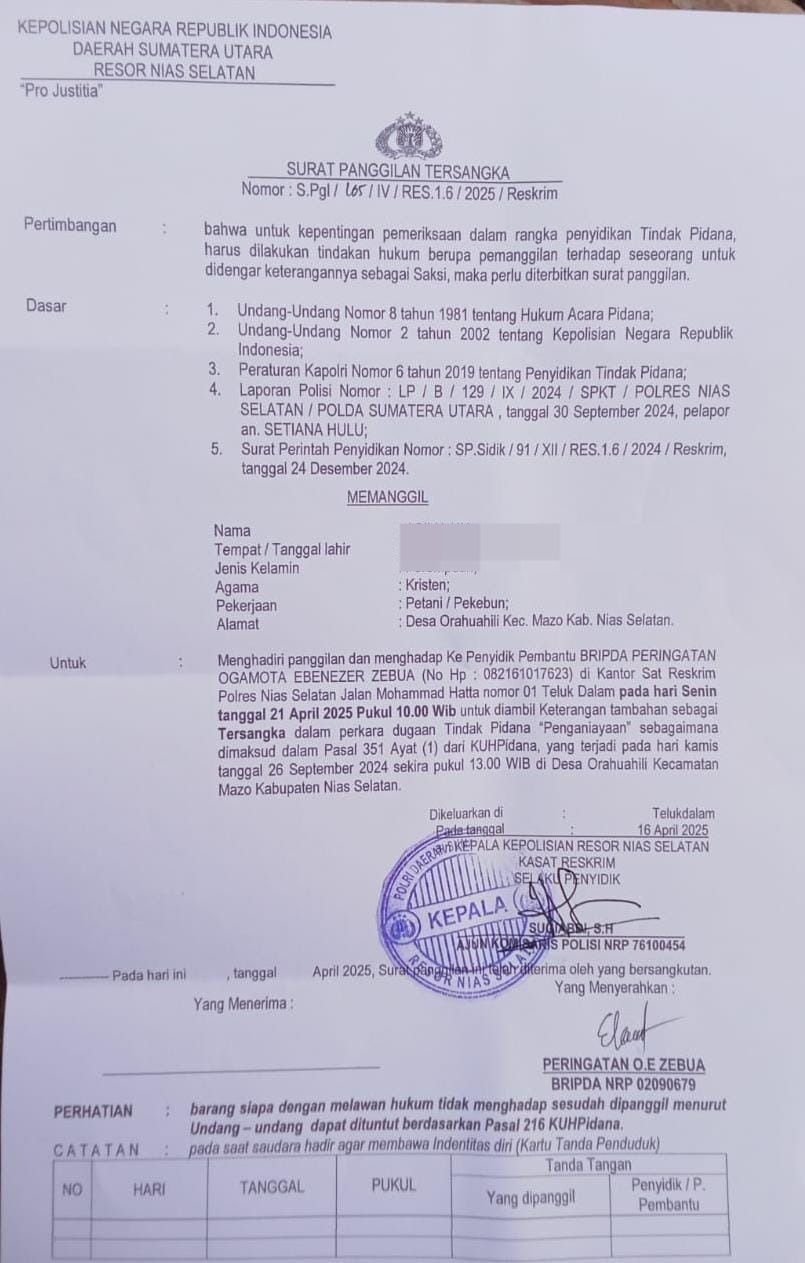 Dalih Menyusui, Fakta Berbeda: Kasus Tersangka Penganiayaan AH Mandek di Polres Nias Selatan