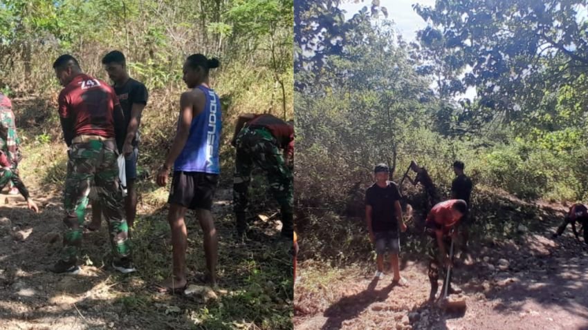 Satgas Yonif 741/GN Pos Asumanu Bersama Warga Gotong Royong Perbaiki Jalan Rusak di Perbatasan