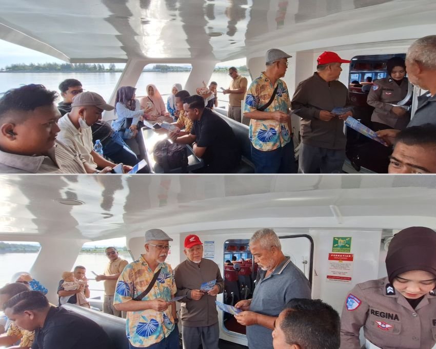 Ditlantas Polda Aceh Sosialisasikan Tertib Lalu Lintas kepada Penumpang Kapal di Pelabuhan Ulee Lheue