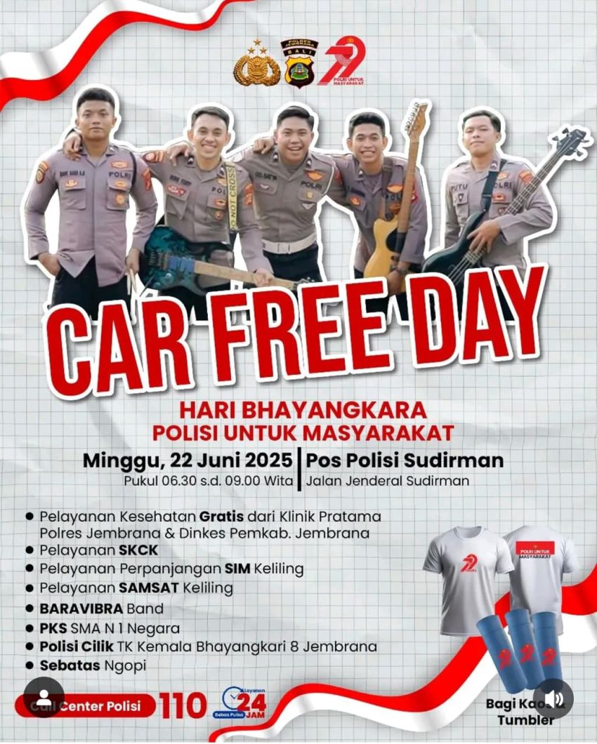 Sinergi Humanis, Polres Jembrana Gelar Car Free Day dan Layanan Publik Gratis Sambut Hari Bhayangkara ke-79