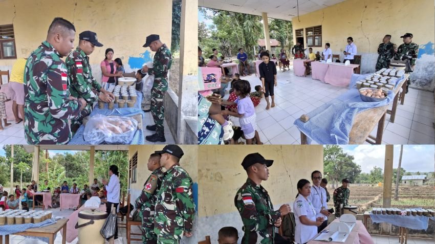 Satgas Yonif 741/GN Pos Fatubesi Atas Bagi Bubur Kacang Hijau dan Dukung Posyandu di Perbatasan Belu