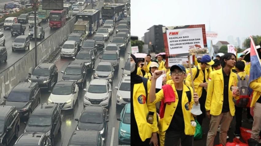 Demo Mahasiswa di Depan DPR Bikin Macet Gatot Subroto, Tuntutan 17+8 Terus Disuarakan
