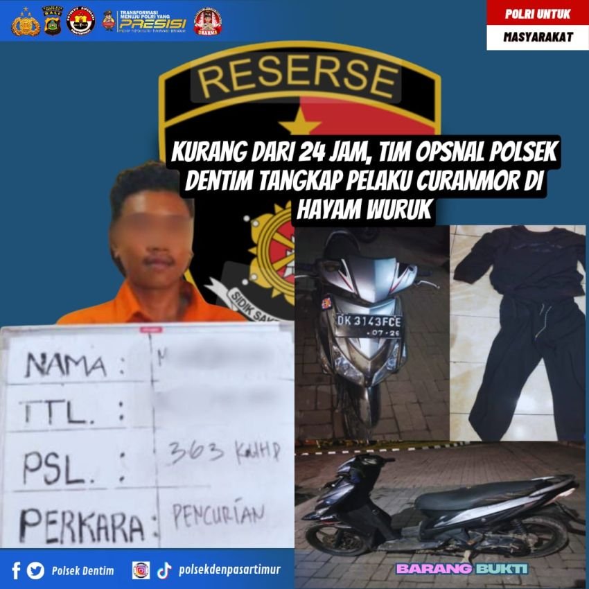 Kurang dari 24 Jam, Polsek Dentim Tangkap Pelaku Curanmor di Hayam Wuruk