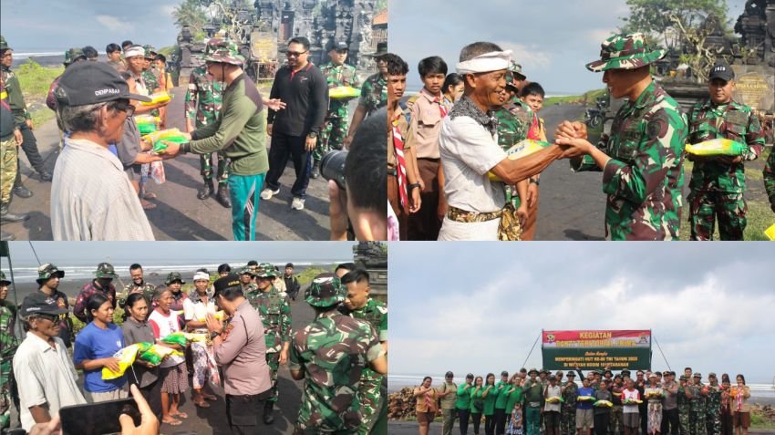 TNI Bagikan Beras untuk Warga Usai Aksi Bersih Pantai Kelating, Peringati HUT ke-80 TNI
