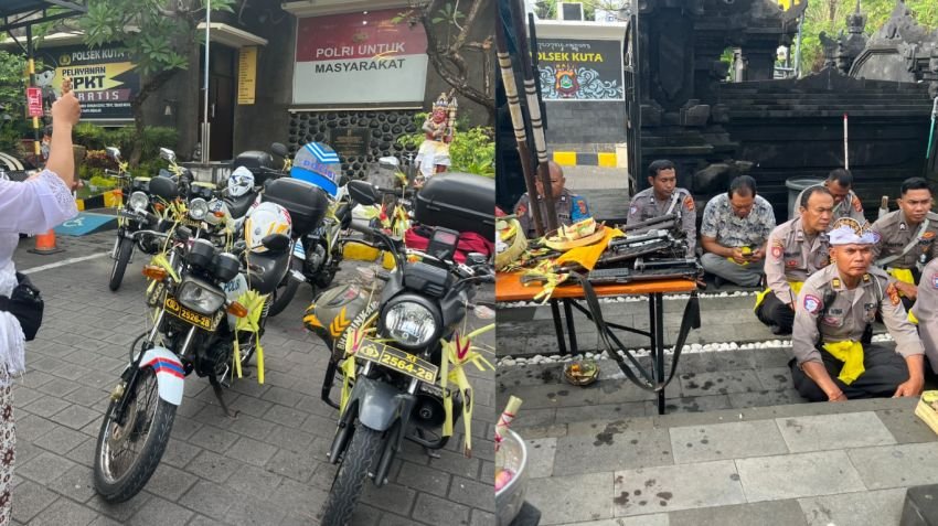 Polsek Kuta Gelar Upacara Tumpek Landep, Pasupati Sarana Dinas dan Doakan Keselamatan Tugas