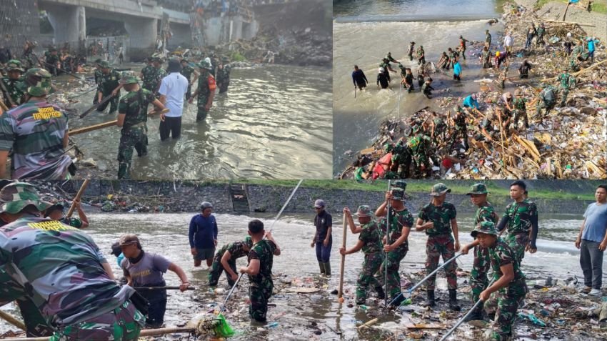 Danrem 163/Wira Satya, Dandim Badung, dan Wali Kota Denpasar Turun Tangan Bersihkan Sampah Pasca Banjir di Kali Taman Pancing