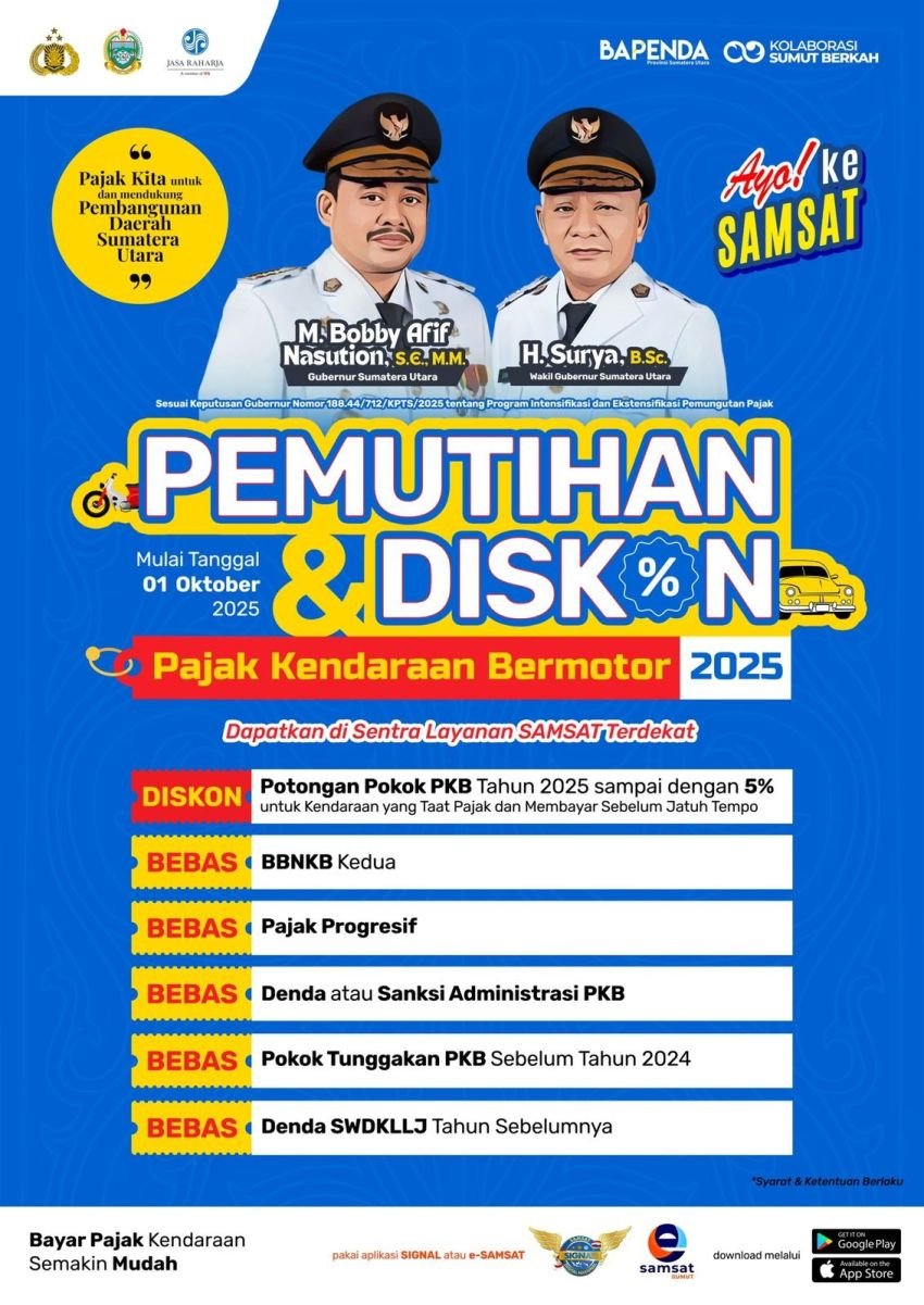 Mulai 1 Oktober, Pemprov Sumut Berikan Diskon dan Bebas Denda Pajak Kendaraan Bermotor 2025