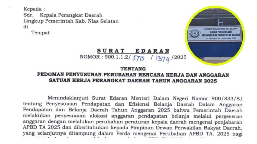Dari Naik Jadi Turun, Anggaran BPKPD Nias Selatan Dipangkas Rp 6,6 Miliar Setelah Surat Bupati Terbit