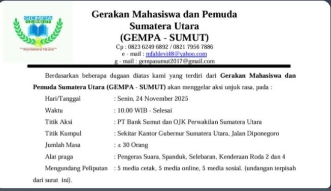 Besok, Gempa Sumut Gelar Aksi di Kantor Bank Sumut Bertepatan dengan RUPS LB