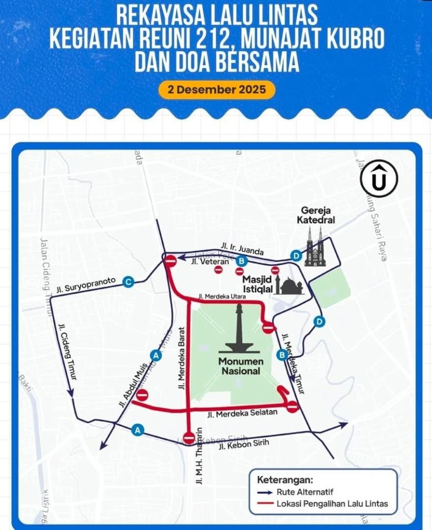 Peta Rekayasa Lalin Reuni 212: Alternatif Rute dan Titik Parkir di Jakarta Pusat
