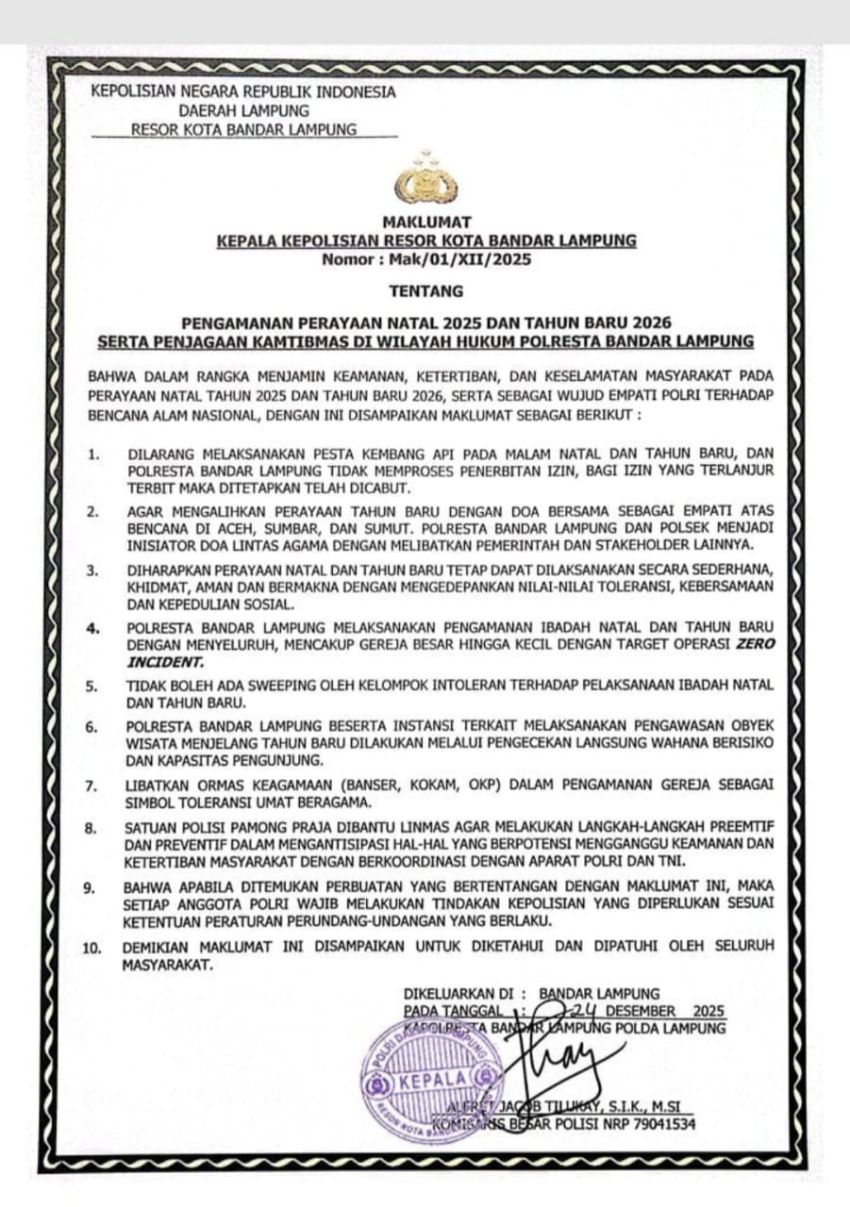 Bandar Lampung Larang Kembang Api dan Imbau Perayaan Sederhana Natal-Tahun Baru 2025