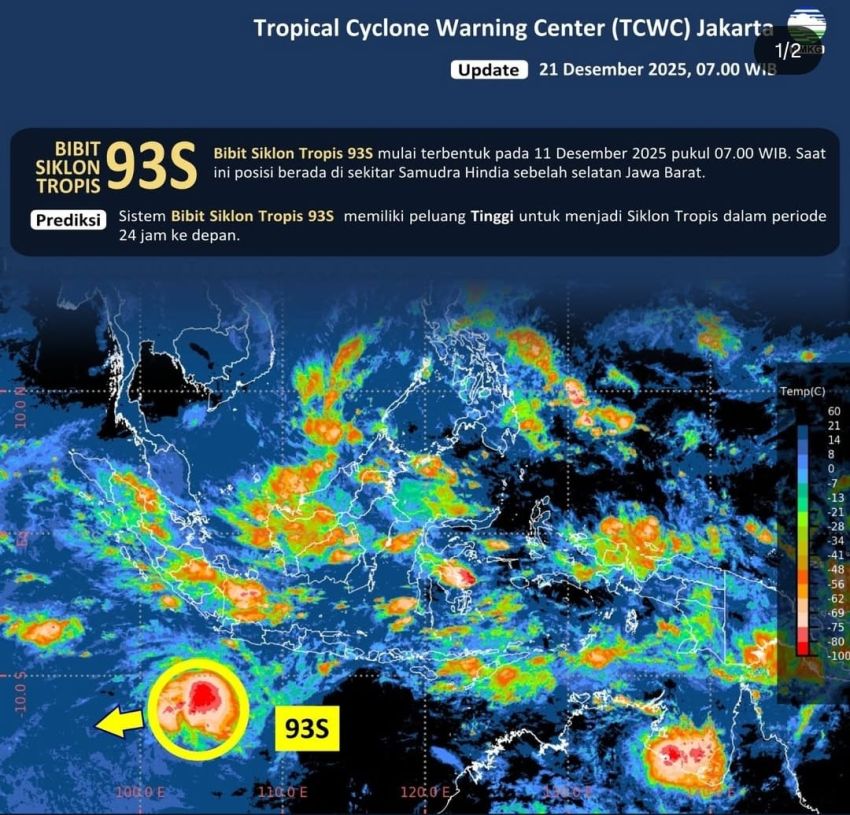 Bibit Siklon Tropis 93S Aktif di Samudra Hindia, Warga Diminta Waspada Cuaca Ekstrem