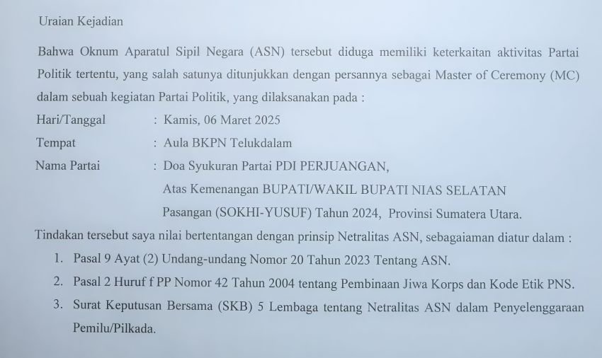 Netralitas ASN Dipersoalkan, Pejabat Inspektorat Jadi MC Acara Partai di Nias Selatan