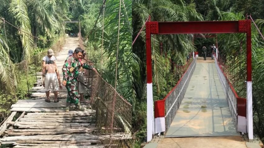 Kolaborasi TNI dan Warga, Jembatan Gantung Perintis di Desa Sampean Labuhanbatu Selatan Kini Aman Dilalui