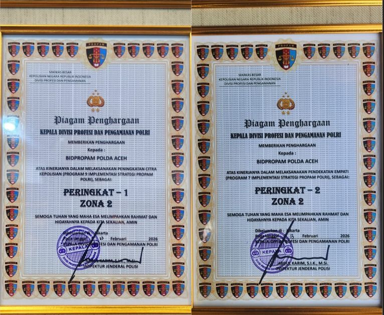 Prestasi Polda Aceh, Bidpropam Dapat Piagam Penghargaan dari Kadivpropam Polri