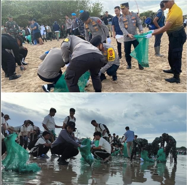 Ribuan Peserta Turun ke Pantai Kedonganan, Polsek Kuta dan Pejabat Tinggi Dukung Aksi Bersih Sampah Laut