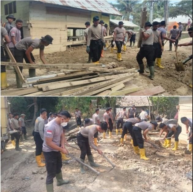 Polres Lhokseumawe dan Brimob Gotong Royong Bersihkan Meunasah Terdampak Banjir di Aceh Utara