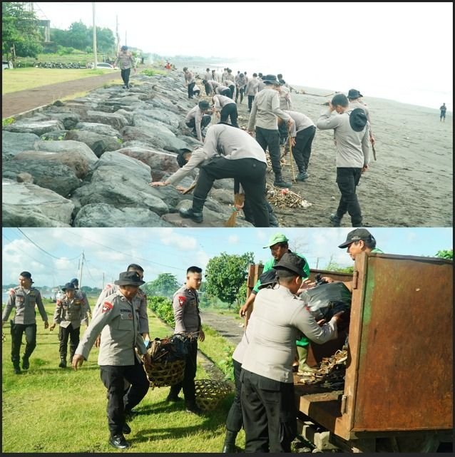 Ratusan Personel Polda Bali Turun Tangan Bersih-Bersih Pantai, Dukung Pariwisata dan Kelestarian Lingkungan
