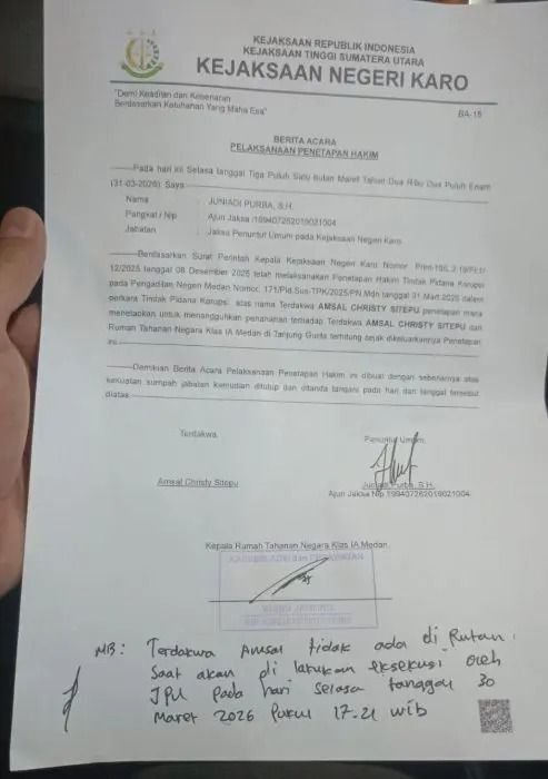 Kejari Karo Sebut Tahanan Amsal Sitepu Dikeluarkan Rutan Sebelum Jaksa Eksekutor Hadir