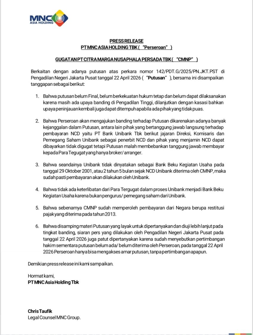 MNC Asia Holding Ajukan Banding atas Putusan PN Jakarta Pusat Terkait Gugatan CMNP