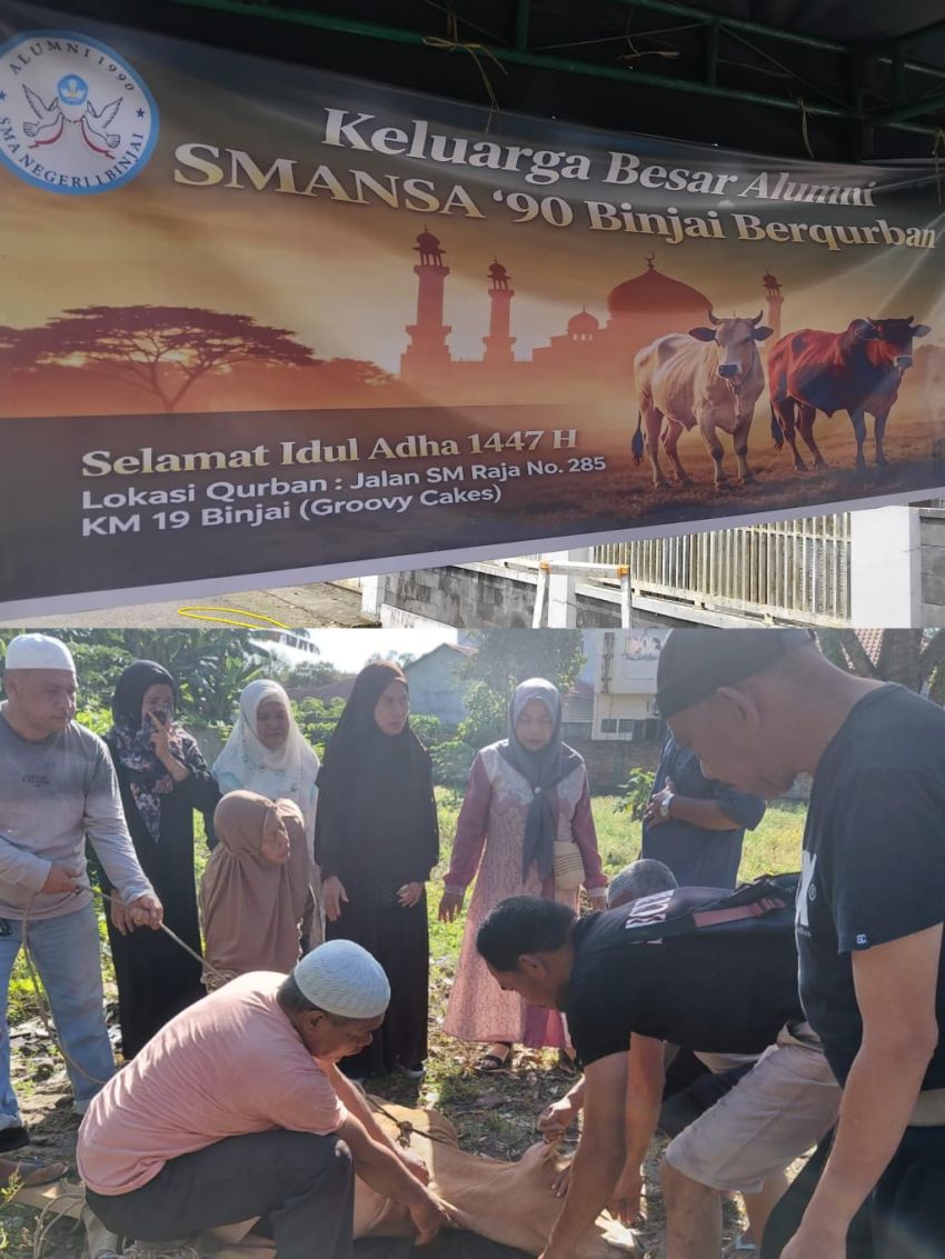 Alumni SMANSA Binjai 1990 Sembelih 2 Ekor Sapi Kurban, Bagikan 130 Paket untuk Warga
