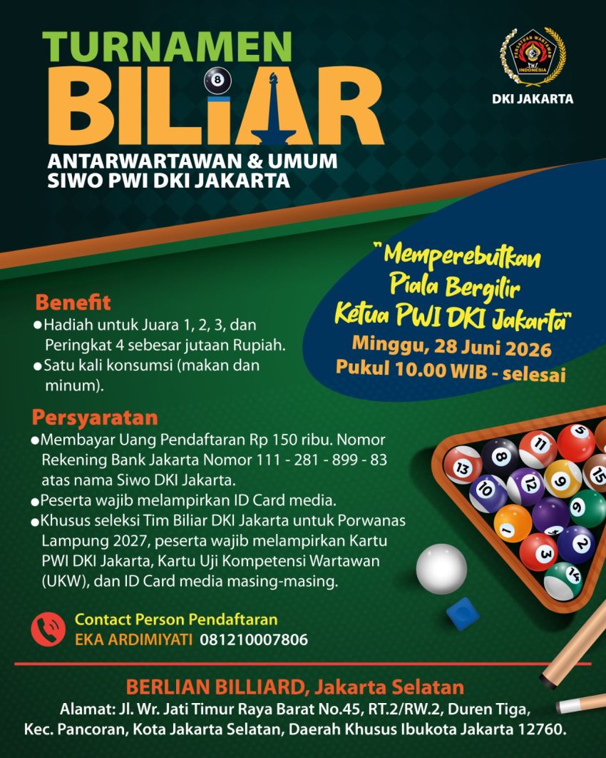 POBSI DKI Dukung Turnamen Biliar Antarwartawan, Siapkan Bibit Menuju Porwanas 2027