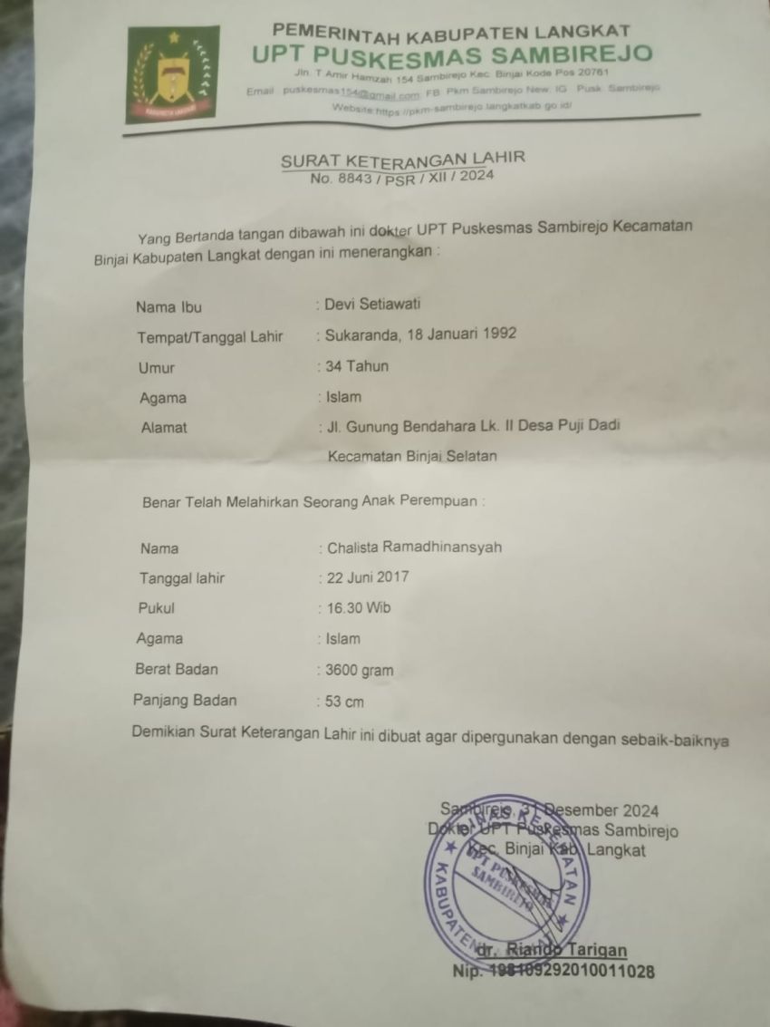 Heboh di Langkat, Surat Keterangan Lahir Diduga Terbit Tanpa Sepengetahuan Puskesmas dan Dokter