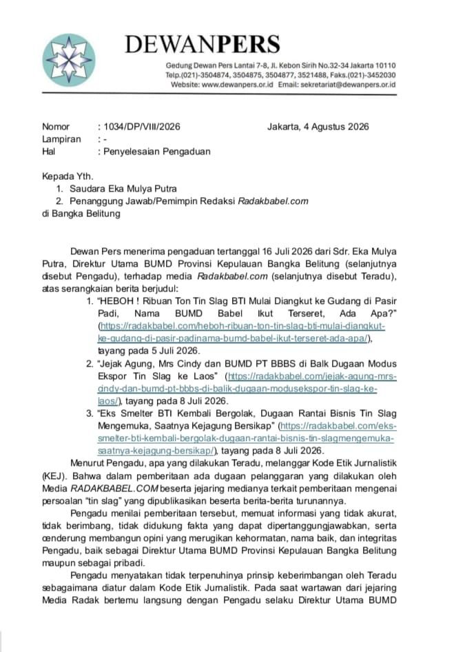 Keputusan Dewan Pers Diabaikan, Eka Siapkan Gugatan Pidana Maupun Perdata terhadap Jejaring Media Radakbabel.com